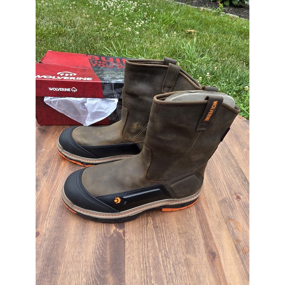 13EW Extra Wide-Wolverine Overpass CM Work Boots W10708 Brown Safety Toe Pull-on